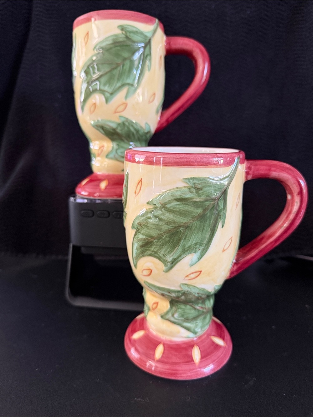 Bella Casa Hand-Painted Yellow and Red Leaf Ceramic Pedestal Mug - Set of 2